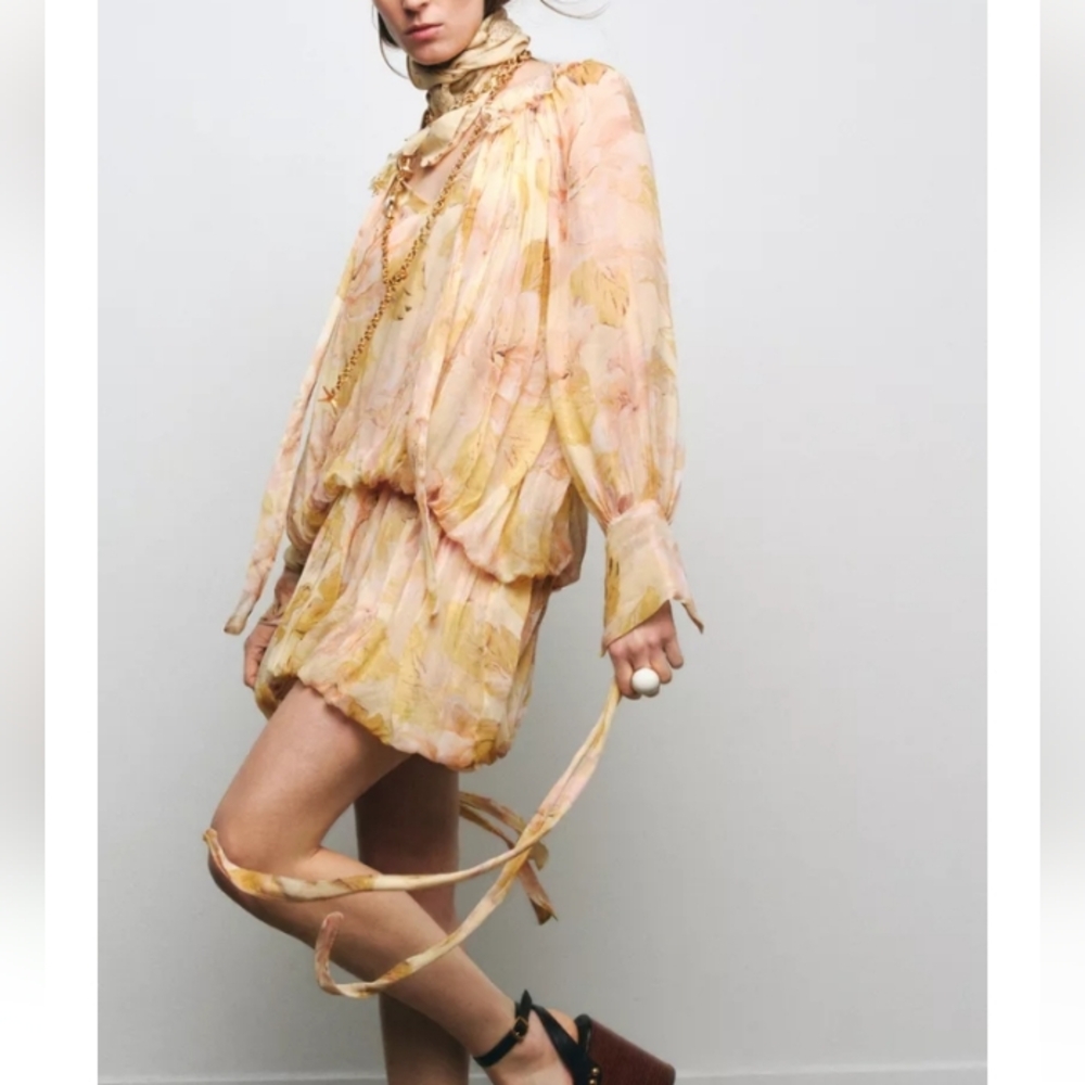 Zara Zw Collection Printed Oversized Voluminous Short Dress with Tie Details